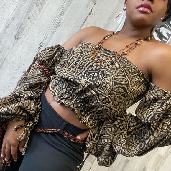 Brown and black ethnic print off the shoulder top - Picture 1 of 7